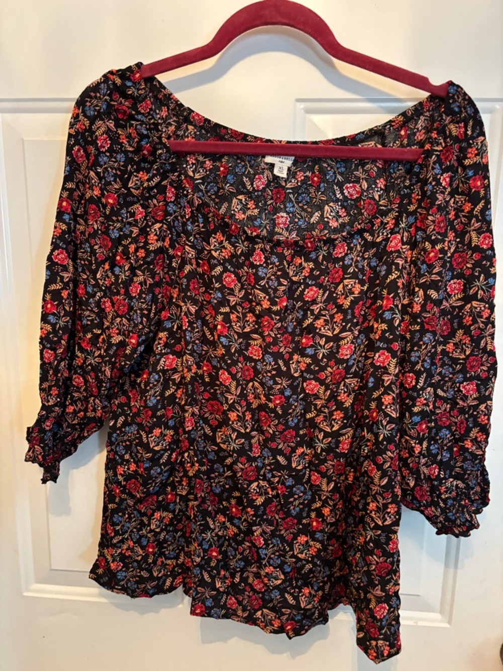 Black Floral Puff-Sleeve Blouse with Red & Blue Bouquet Print